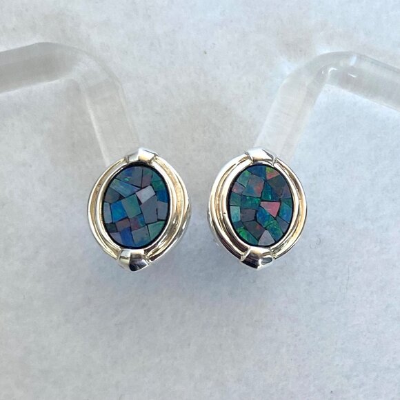 Sterling Silver 925 Michelle Albala Mosaic Blue Opal Inlay Oval Stud Earrings - Picture 11 of 16